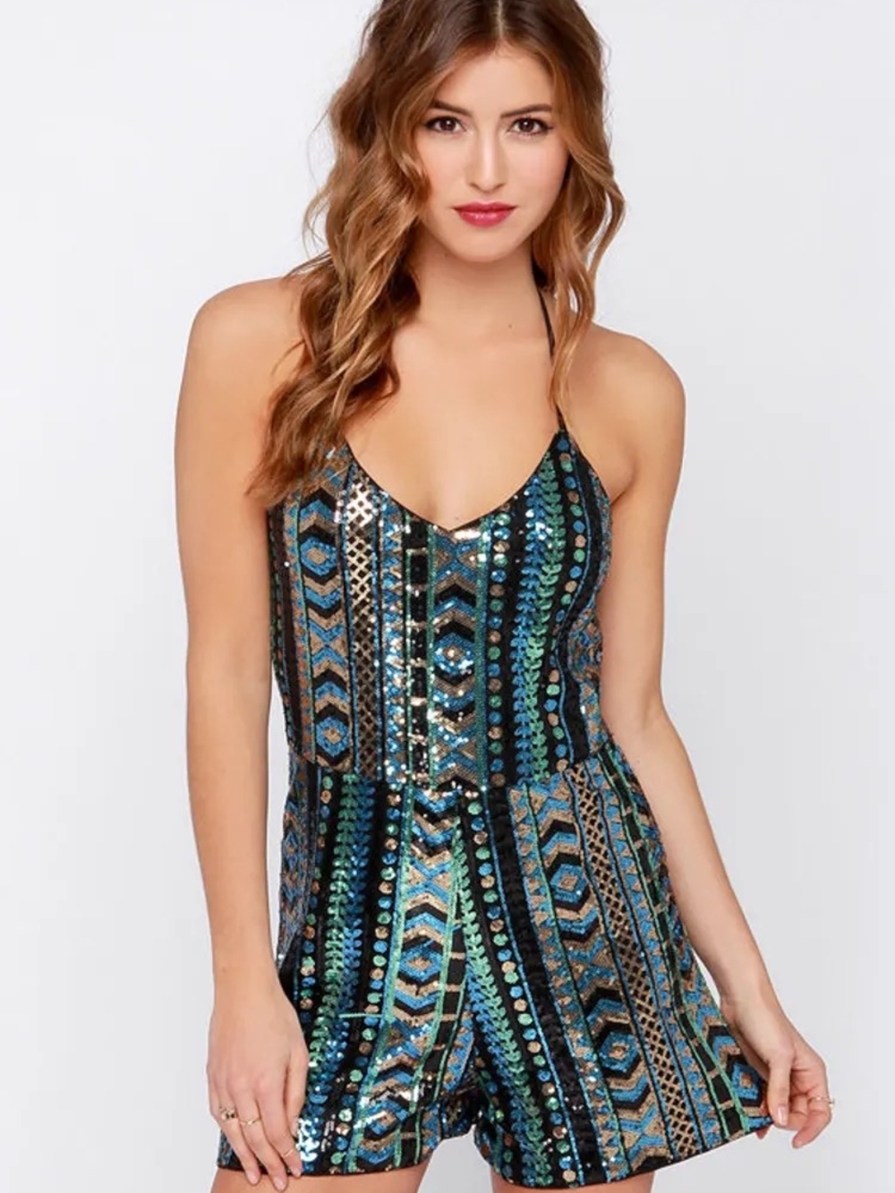 Fab'Rik Sequin Tribal Stripe Romper - Blue/Black/Gold